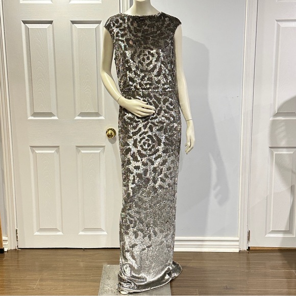 NWT Rachel Gilbert Carlotta Silver Sequin Floor Length Sz 10 Boatneck Gown - Picture 7 of 13